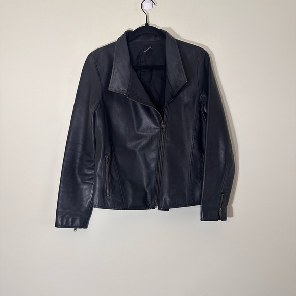 Eileen Fisher Leather black moto biker jacket Asymmetrical zip size small - Picture 3 of 16